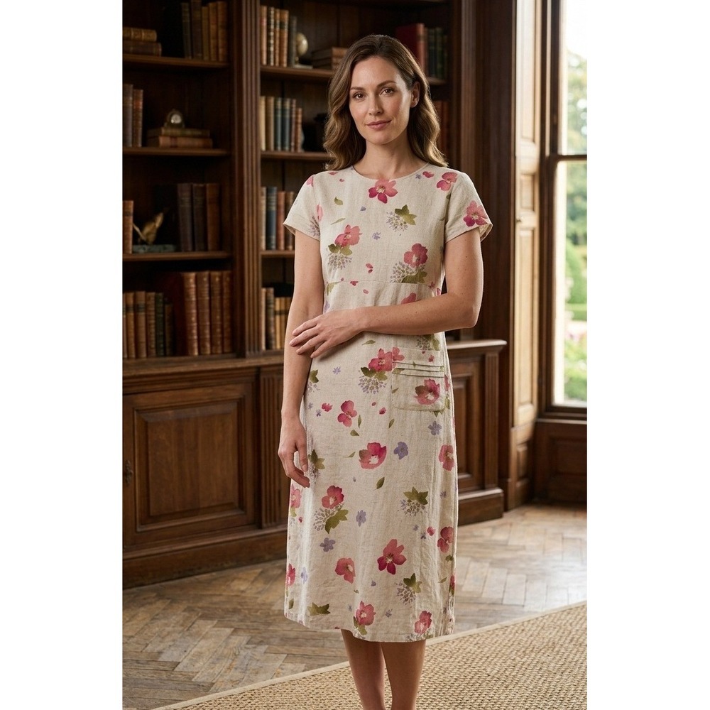 Talbots Linen Floral Short Sleeve Shift‎ Dress Pocket Midi Rayon Boho Size S?